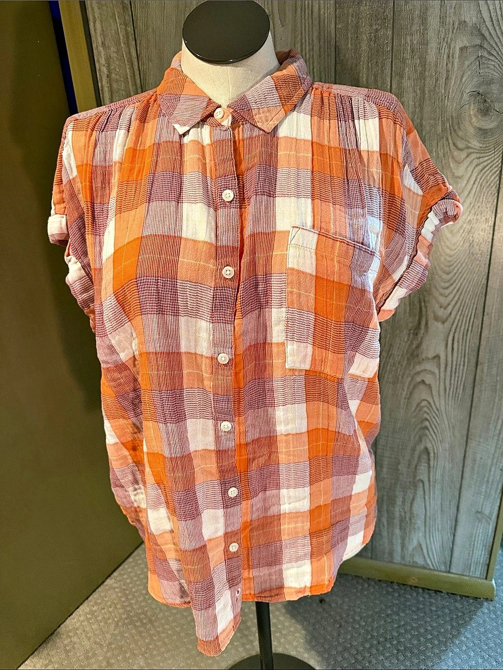 Style&Co. Plaid Button Down Shirt in Orange & White Size XL
